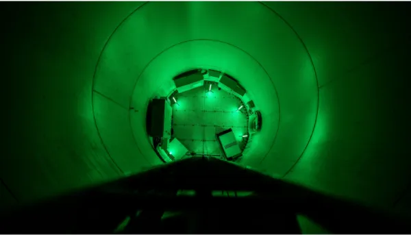 A top down view of the inside of a wind turbine with an Examesh datacentre inside